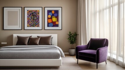 Fototapeta premium A sleek, modern bedroom with neutral beige walls and large windows with sheer curtains