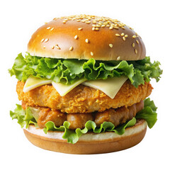 A mouthwatering fried chicken burger stacked high with fresh lettuce and cheese, all nestled in a sesame seed bun.