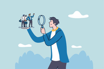 Analyze candidate, employee performance review, evaluation or analysis, choose recruitment applicants, staff or finding right person for job concept, businessman analyzing employee or job candidates.