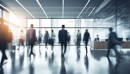 Blurred people walking in motion in modern lobby. 