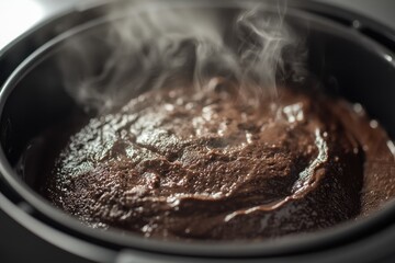 Steaming, freshly baked, dark brown cake in a black pot, captured in a close-up shot, showing texture.