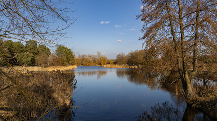 Piaseczno Ponds shortly before sunset, between winter and spring, Masovia, central Poland