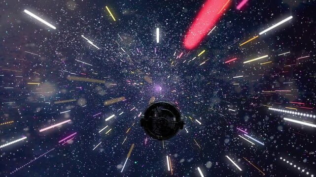 Space travel in hyper speed past planets and through the asteroid belt.