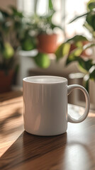 Fototapeta premium White ceramic mug on wooden office desk in natural light, surrounded by laptop, plants, and stationery, symbolizing morning routine, workspace comfort, and branding mockup concept with copy space.