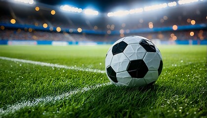 Naklejka premium soccer ball on soccer field with stadium lights.