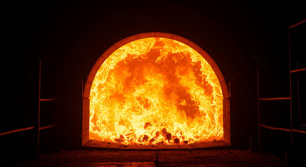 Intense Burning Fire in Industrial Furnace Hot Embers High Temperature Brick Oven
