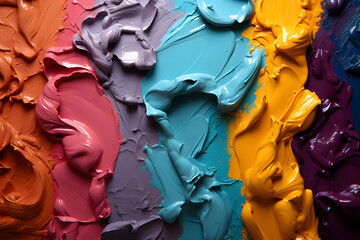 A close-up view of thick, textured strokes of vibrant acrylic paint in a vertical arrangement. 