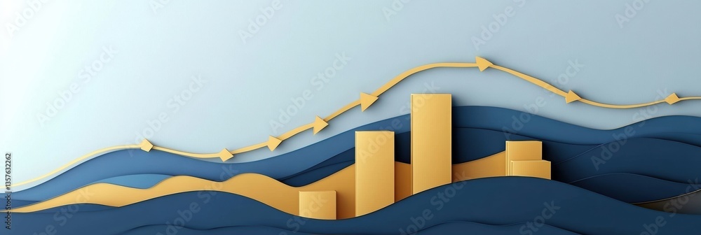 Aufkleber modern business landscape showcasing upward trends with layered bar charts and arrows in gold and bl