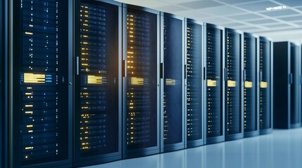 In a high-tech server room, rows of servers glow with LED lights, emphasizing a vibrant tech environment. The facility prioritizes data security and efficient operations
