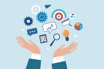 Skill, work experience or ability development, expertise success, leadership or communication to success, learning skills, wisdom concept, businessman hand hold multiple skills set to achieve success.