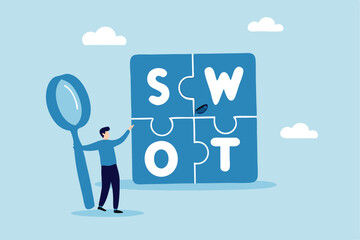 SWOT analysis, analyze strength, weakness, opportunity and threat to win market competition, improve product by SWOT matrix, benchmark or measurement, businessman magnify analyze SWOT business jigsaw.