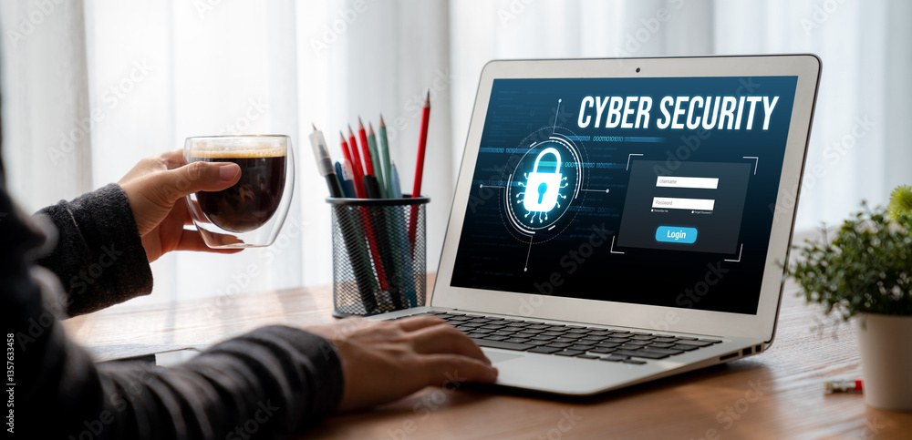 Poster cyber security system on computer screen protect private information snugly from hacker and cyber at