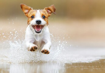 Happy Dog Running and Splashing in Water