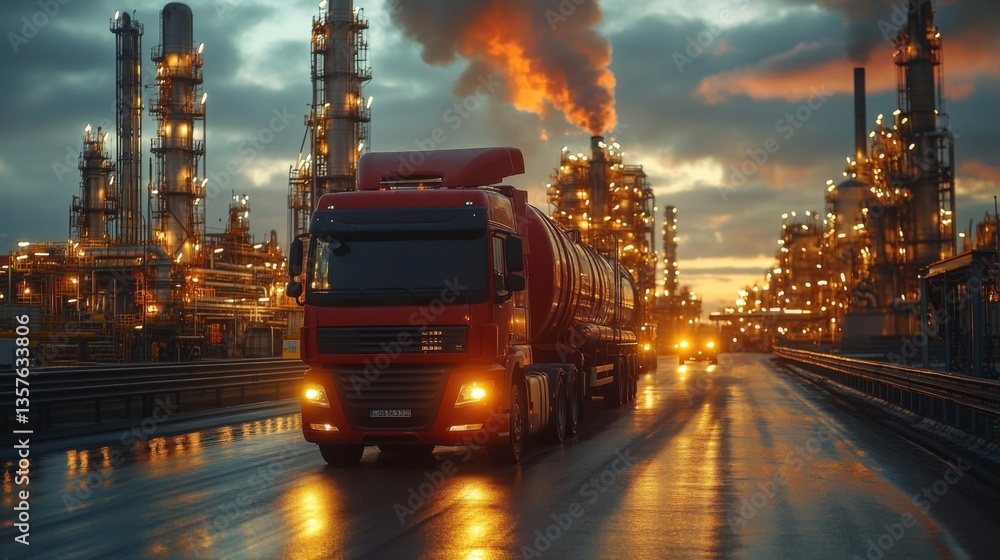 Poster a red truck drives on a reflective wet road adjacent to a large industrial facility during dusk. sur