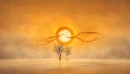 Fototapete Rund Mystic Sunrise for Foggy Plainscape. © Zulfikar