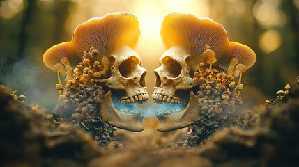 Skulls with mushrooms in a forest