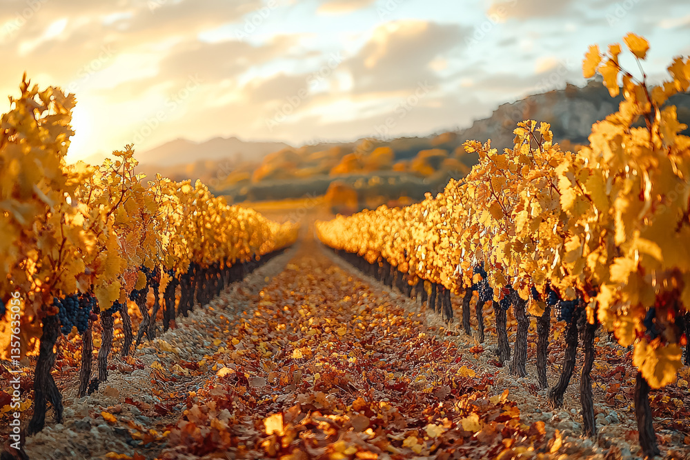 Aufkleber row of grape vines with leaves that are yellow and orange. the vines are in a field and the sun is s