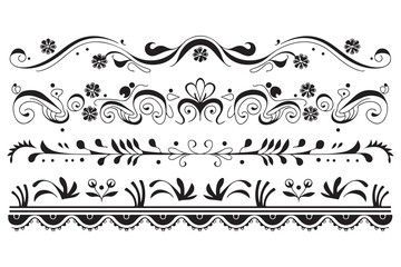 Fototapeta premium Floral Swirl Border Ornaments – Luxury Decorative Vector Silhouette Design, Elegant Floral and Swirl Borders – Ornamental Vector Silhouette Set. 