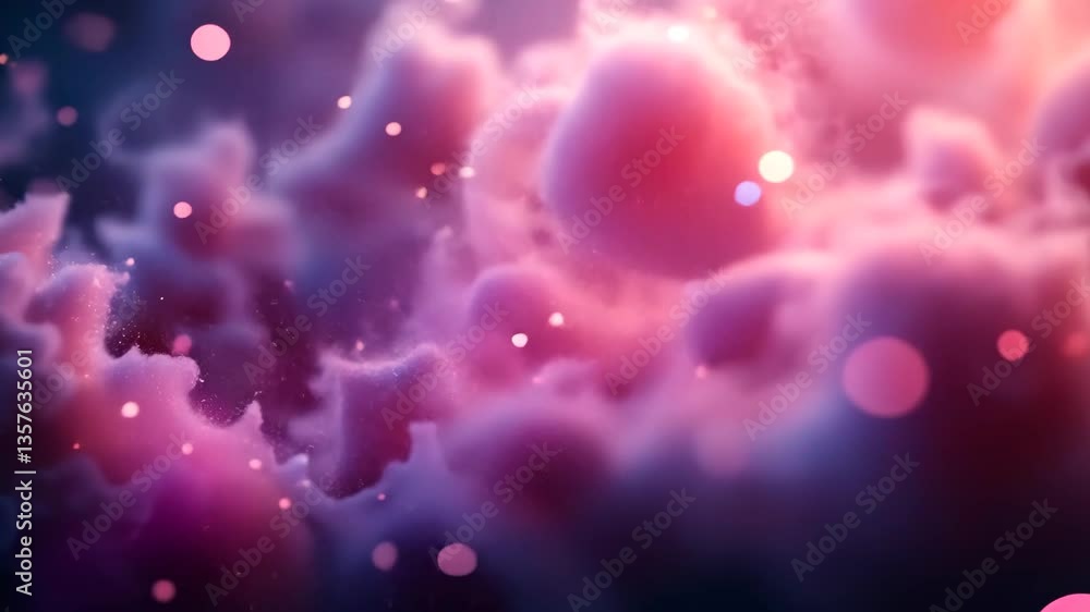 Poster abstract cloudscape in pink and purple hues with bokeh effects and shimmering particles