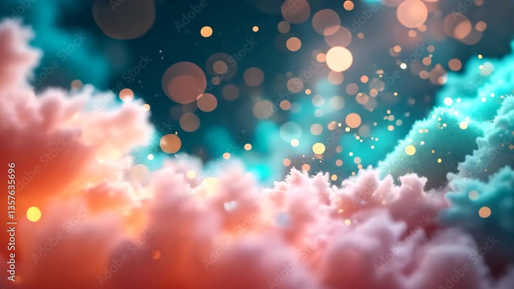 Poster abstract cloudscape in pink and teal tones with bokeh particles and soft focus