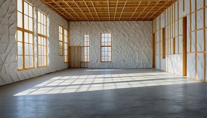 An interior space with walls covered in large white paper-like material and wooden framing, featuring tall windows and an open concrete floor.