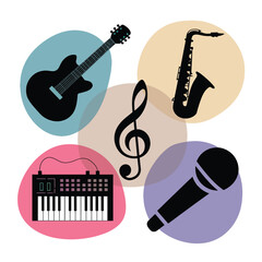 Fototapeta premium 2d vector illustration icon cool entertainment cartoon character music tools (Drum , Music Note , Headphones ,Microphone , Piano , Guitar ,Record) 