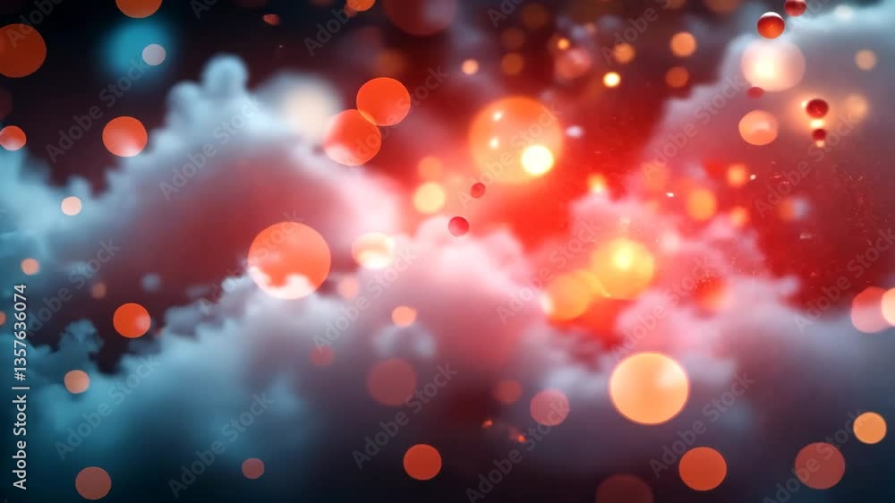 Poster abstract cloudscape with floating bokeh particles and glowing red and orange lights