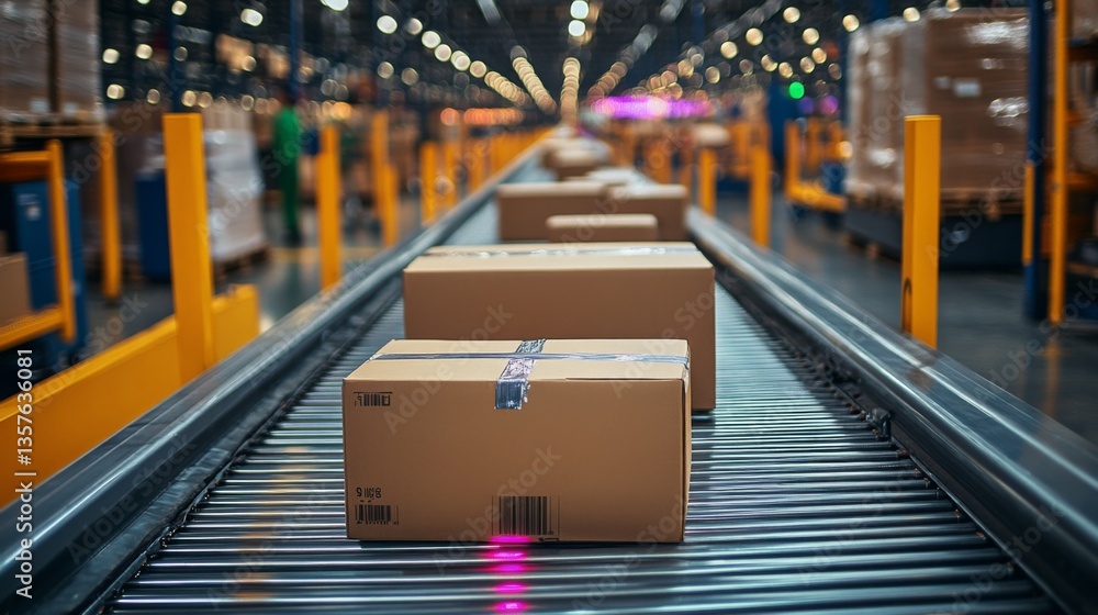 Poster A conveyor belt is moving multiple boxes through a vast logistics warehouse filled with shelves and pallets, highlighting efficient inventory management and distribution processes.