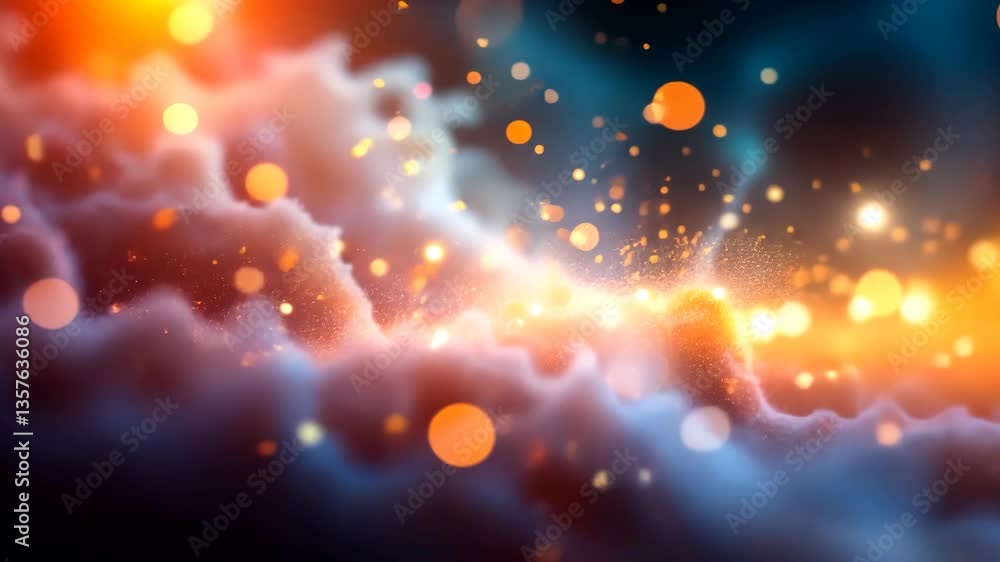 Poster abstract cloudscape with golden bokeh and sparkling particles in orange and blue hues dreamy artisti
