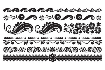 Fototapeta premium Floral Swirl Border Ornaments – Luxury Decorative Vector Silhouette Design, Elegant Floral and Swirl Borders – Ornamental Vector Silhouette Set. 