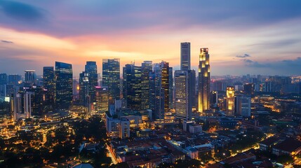 Fototapeta premium Gorgeous aerial view of New York skyline with sunset high resolution picture