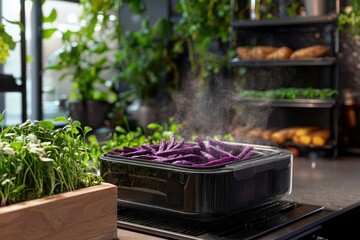 Steaming purple sweet potato fries in a container, accompanied by fresh sprouts and kitchen garden in background.