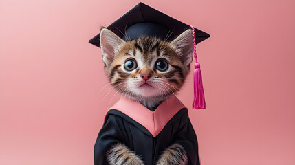 "Adorable tabby kitten dressed in a graduation cap and gown, wearing a black mortarboard with a pink tassel and a matching academic robe, set against a soft pastel pink background