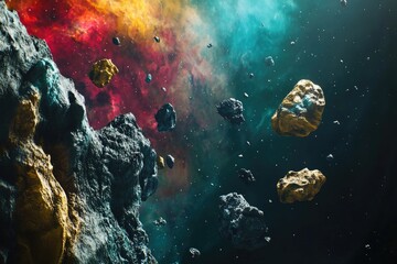 Cosmic debris field amidst vibrant nebula