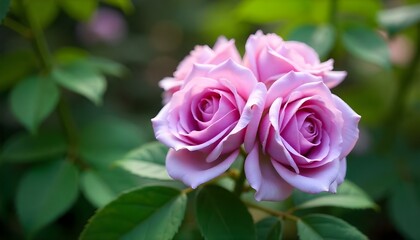 Fototapeta premium A cluster of beautiful lavender-colored roses with lush green foliage in the background