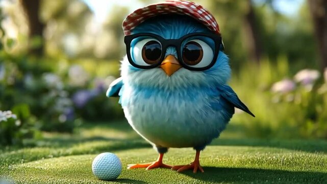 Cute bird with glasses and cap near golf ball in garden setting. Possible use children's book cover or game