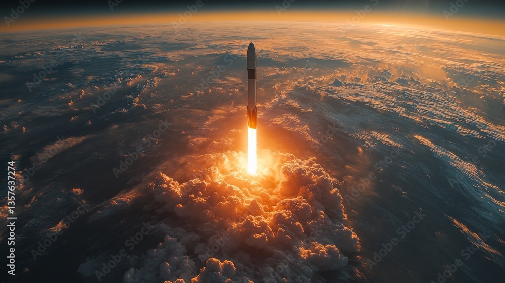 Poster Rocket engines fire as the spacecraft ascends from Earth, creating a spectacular display of light and smoke. This powerful launch showcases advanced aerospace technology in action.