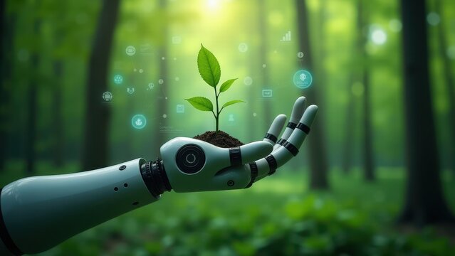 Futuristic concept of a robot nurturing nature, representing environmental AI, eco-friendly tech, and smart green solutions.