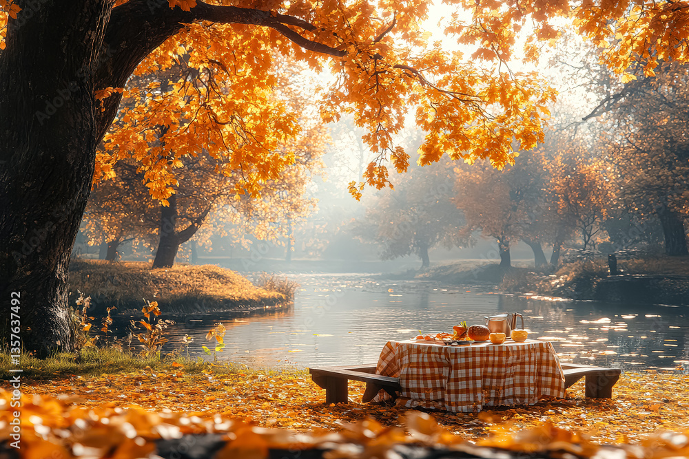 Poster table with a checkered tablecloth is set up in a park with a view of a river. the table is surrounde
