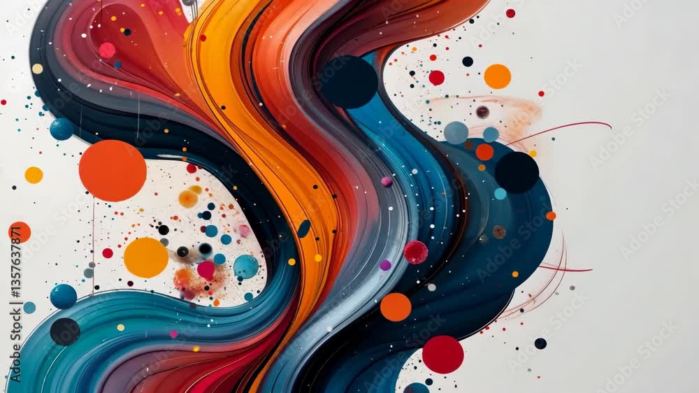 Poster abstract composition of colorful flowing shapes with scattered dots on white background