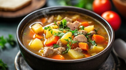 A close up image of a hearty vegetable and meat soup