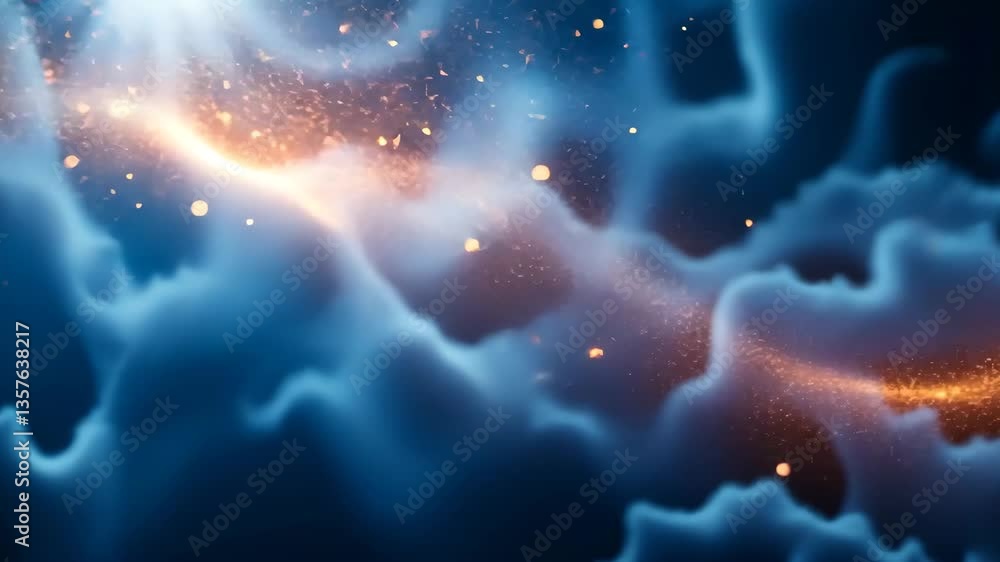Poster abstract composition of glowing particles within ethereal blue clouds with orange streaks and soft b