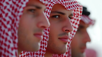 Close-up of three young men in traditional Middle Eastern headwear.