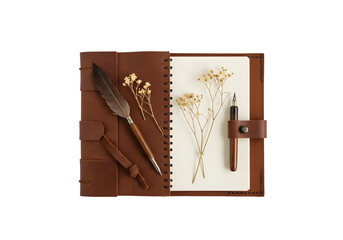 Elegant flat lay composition featuring vintage leather notebook, pen, dried flowers, and feather quill on clean white background, perfect for creativity and inspiration