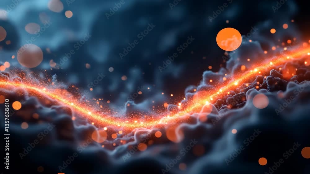 Poster abstract composition with orange light trails and dynamic bokeh effects in blue smoky background