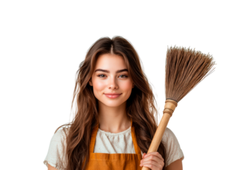 Young woman with broom and apron cleaning home isolated on transparent background