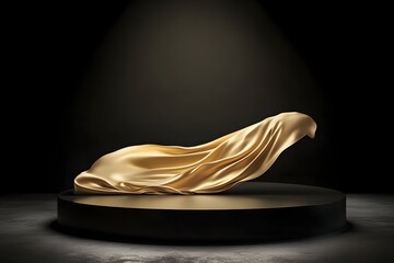 Golden Cloth Flowing on a Black Podium in a Dramatic Light