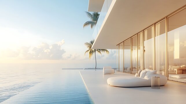 Modern luxury beachfront villa with infinity pool at sunset.