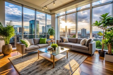 Fototapeta premium Modern Condo Living Room Interior Design with City View Landscape Photography
