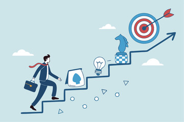 Strategy development, business improvement planning, success checklist or aspiration to growing business, career growth, checklist to success management concept, businessman walk up strategy stair.